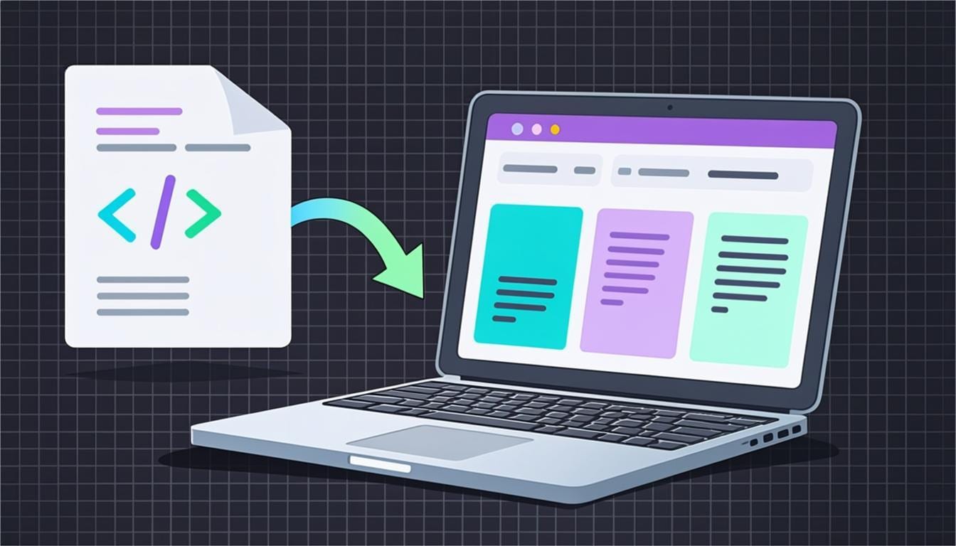 A laptop screen showing an HTML file opening in the Chrome browser with a code editor beside it