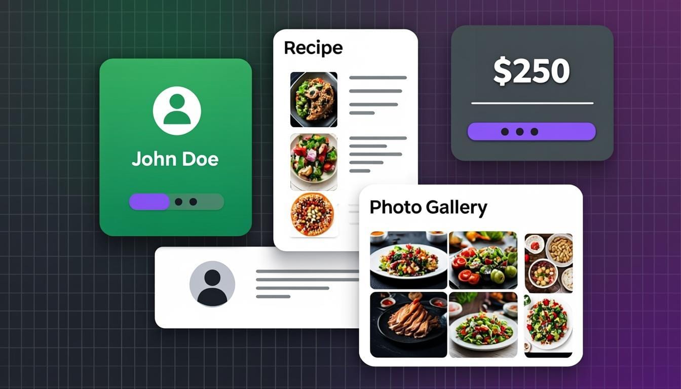 A colorful collage of small beginner web pages — a profile card, a menu, a button collection and a form