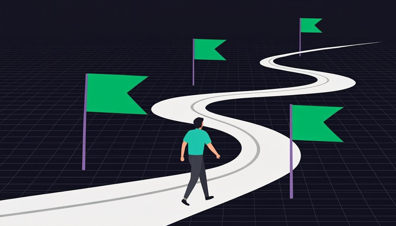 A winding road illustration with milestone flags marking a 30-day learning journey through HTML and CSS